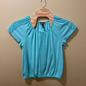 Women’s Large Karen Scott Cyan Bright Blue Lace Short Sleeve Shirt